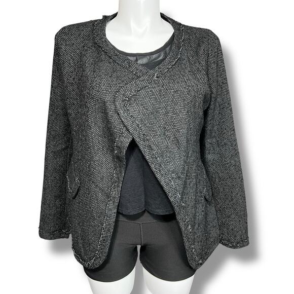 Depri Womens Tweed Blazer Jacket Open Front Long Sleeve Tailored Gray Black Larg - Picture 3 of 9